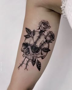 Woman’s Skull Tattoo, Barbed Wire Tattoo Arm Sleeve, Flower And Barbed Wire Tattoo, Skull And Lily Tattoo, Tattoo Ideas Skull Women, Women’s Skull Tattoo, Skull And Roses Tattoos For Women, Skull With Barbed Wire Tattoo, Barbed Wire And Flowers Tattoo