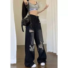 tomboy outfit American-Style Retro Black Ripped Jeans Women's Summer New Ins Fashion Brand Straight Loose Mop Wide-Leg Pants Tomboy Outfit, Ripped Jeans Women, High Waisted Ripped Jeans, Black Denim Pants, Outfit Korean Style, Womens Ripped Jeans, Mid Waist Pants, Outfit Korean, Ripped Jeans Men