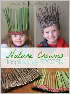 three pictures of children with grass crowns on their heads and the words nature crowns inspired by frozen