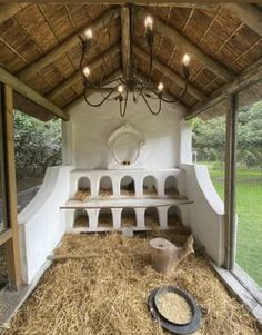 the inside of a chicken coop with hay on the floor and lights hanging from the ceiling