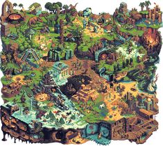 an illustrated map with many different types of animals and plants on it's surface