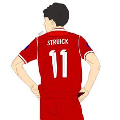 a drawing of a soccer player with his back to the camera, wearing a red uniform