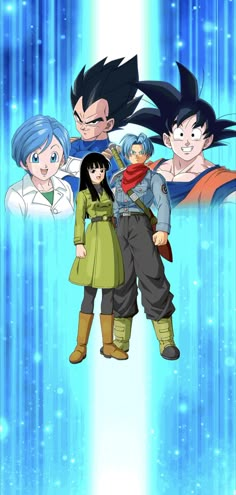 three anime characters are standing in front of a blue background