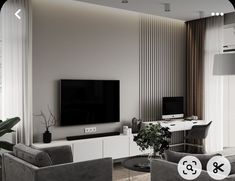 a living room filled with furniture and a flat screen tv mounted on the wall above it