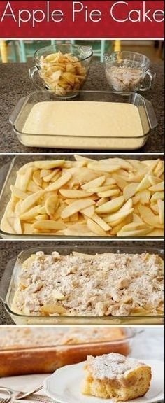 apple pie cake with apples in the background and three pictures showing how to make it