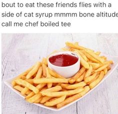 french fries with ketchup in a white bowl