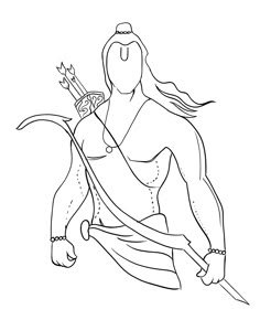 a drawing of a woman holding a bow and arrow in one hand while standing on the ground