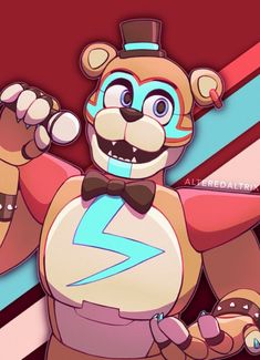 a cartoon bear with a bow tie and an electric symbol on his chest, standing in front of a red background