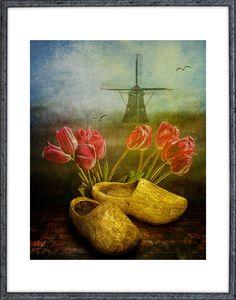 a painting of shoes and flowers in front of a windmill