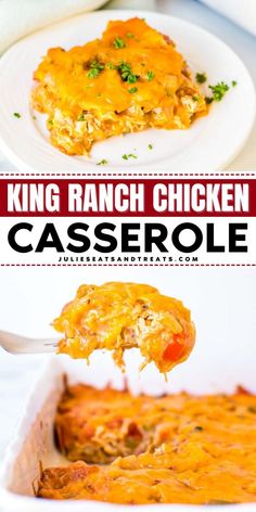 The PERFECT quick and easy winter comfort food idea! This King Ranch Chicken Casserole features layers of corn tortillas, cheese, and creamy chicken filling. It's a Tex-Mex Casserole recipe loaded with peppers and green chiles. Pin this cozy winter dinner!