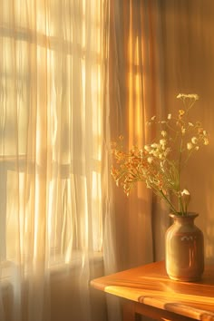 a vase filled with flowers sitting on top of a wooden table next to a window