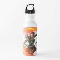 a water bottle with an image of a woman holding a bow and arrow on it