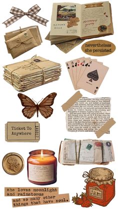 an assortment of different items that include cards, money and other things to make it look like