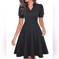 Semi-Formal Fit & Flare Dress With Pockets - Two Side Pockets - Soft And Lightweight - Elegant And Modest - Classic Empire Waist - Hidden Zipper At Side - V-Neckline & Puff Sleeves - 95% Polyester, 5% Spandex - High Quality Stretchy Fabric With A Nice Drape - Flare A-Line Swing Skirt Falls From The Fitted Waist {Bin#19} Fall Skirts, Dress With Pockets, Fit Flare Dress, Stretchy Fabric, Empire Waist, Fit & Flare, Semi Formal, Puff Sleeves, Flare Dress