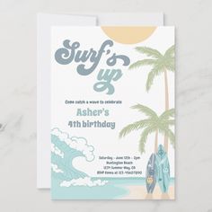 a birthday card with a surfboard and palm trees