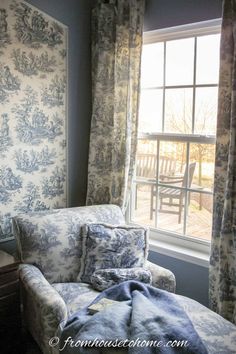 Blue and white toile wallpaper inside panel moldings on a light blue wall Bookcase In Bedroom, Toile Bedroom, Painting The Ceiling, Iron Canopy Bed, Blue And White Toile, Dramatic Bedroom, Wrought Iron Beds, Wrought Iron Bed, French Country Bedrooms