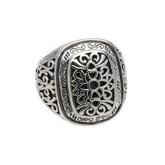 Fine quality sterling silver ring has antiqued finish and an impressive filigree design. Inside and bottom of band are smooth. Ring is packaged with an anti-tarnish strip to maintain long-lasting shine. Size 8. Vintage Silver Engraved Ring With Oxidized Finish, Vintage Engraved Ring With Oxidized Antique Silver Finish, Vintage Engraved Ring In Antique Silver With Oxidized Finish, Antique Silver Oxidized Engraved Sterling Silver Ring, Antique Silver Engraved Ring With Oxidized Finish, Antique Silver Sterling Engraved Ring With Oxidized Finish, Antique Silver Rings With Oxidized Finish, Vintage Oxidized Filigree Ring Gift, Vintage Silver Rectangular Ring