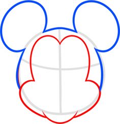 how to draw mickey mouse's head from the front view with blue and red lines