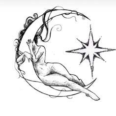 a black and white drawing of a woman on the moon with a star above her head