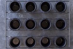 the chocolate cups are lined up and ready to be put into the muffin tins