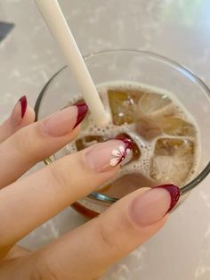 Burgundy Nails Summer, Gel Nails With Flower Designs, Back To School Nail Inspo Almond, October Vacation Nails, Gel Nail Inspo Fall, Dark Red Flower Nails, Nail Inspo With Flowers, Red Beach Nails