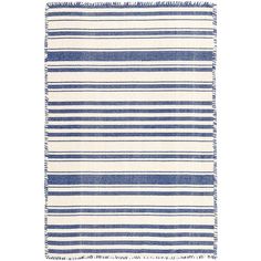 a blue and white striped rug with fringes