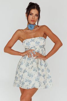 Vitoria Strapless Babydoll Dress Floral Blue by Selfie Leslie Light Blue Fluffy Dress, Spring Coquette Mini Dress, Blue Floral Print Mini Dress, Light Blue Floral Print Mini Dress, Blue And White Mini Dress, Light Blue Floral Print Mini Dress For Garden Party, Coquette Floral Print Summer Dresses, Coquette Summer Floral Print Dresses, Strapless Floral Sundress