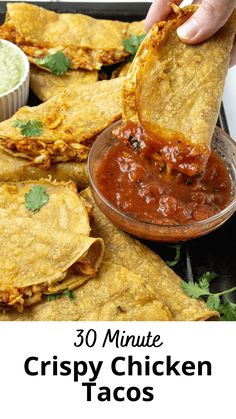 the recipe for crispy chicken tacos is shown here