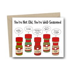 a greeting card with an illustration of four jars of seasoning and two sayings