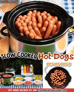 there is a slow cooker with hot dogs in it and other food on the table