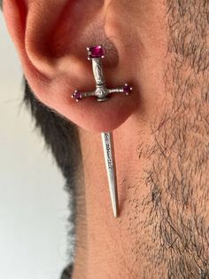 Earring made of solid sterling silver 925. The earring have a rotating stud closure so it can fit any pierced ear. listing is for one piece Eric Aesthetic, Wizard Necklace, Male Earrings, Wizard Jewelry, Dark Moody Wedding, Fantasy Ball, Groovy Fashion, Mens Earrings, Ear Stretching