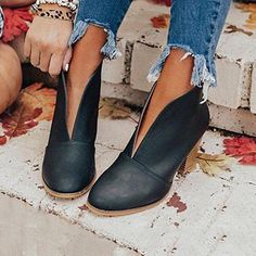 Category:Boots; Upper Materials:PU Leather; Season:Fall,Winter; Heel Type:Chunky Heel; Gender:Women's; Activity:Walking; Toe Shape:Pointed Toe; Type:Booties Ankle Boots; Style:Vintage,Casual,Minimalism; Heel Height(inch):2-3; Outsole Materials:Rubber; Occasion:Daily,Outdoor,Office; Closure Type:Loafer; Pattern:Solid Colored; Production mode:Self-produce; 2024 Trends:Plus Size; Foot Length:; Foot Width:; Size chart date source:Provided by Supplier.; US Size:null; UK Size:14.5; EU Size:50 Holiday Sandals, Stacked Heel Ankle Boots, Thick Heel Boots, Cutout Ankle Boots, Boots Fall Ankle, Chelsea Boots Heel, Slip On Boots, Boots Fall, Thick Heels