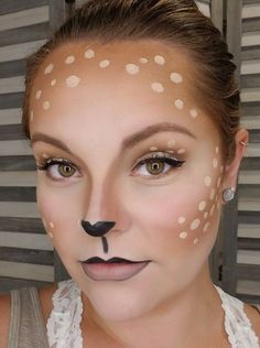 Make Up For Deer Costume, Doe Eye Makeup Halloween, Easy Halloween Deer Makeup, Doe And Buck Halloween Costume, Diy Fawn Costume Women, Deer Costume Makeup Kids, Diy Deer Face Makeup, Deer Face Paint Tutorial, Deer Makeup Halloween Kids