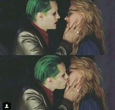 two people with green hair are kissing each other