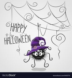 a happy halloween card with a spider wearing a witch's hat and holding balloons