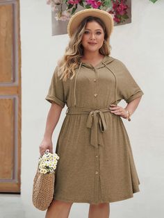 [Plus Size] Khaki 1950s Solid Hooded Belt Dress | Retro Stage Velvet Mermaid Dress, Measurement Conversion, Retro Stage, Midi Party Dress, Velvet Party Dress, Drawstring Dress, Drawstring Dresses, Khaki Fashion, Belt Dress