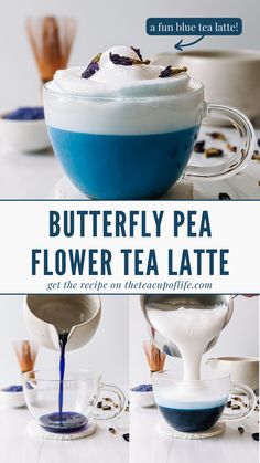 butterfly pea tea, blue tea latte, blue latte, butterfly pea flower Moon Milk Recipe, Blue Latte, Mixology Recipes, Tea Latte Recipe, Tea Drink Recipes