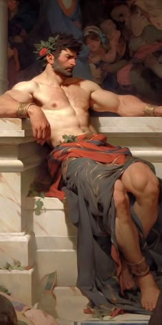 a painting of a man with no shirt sitting on a bench in front of a crowd