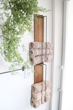 towels are hanging on a towel rack in the corner of a room with a potted plant next to it