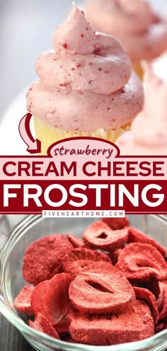 cranberry cream cheese frosting in a glass bowl with the title overlay