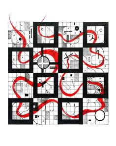 an abstract artwork with red and black lines on it's sides, in squares