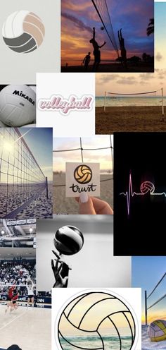 the collage shows many different sports related items, including volleyballs and water polo balls