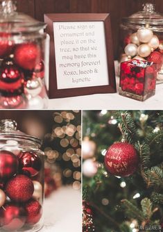 christmas ornaments in glass jars on a table with a sign that says please align an ornament and place it on the tree