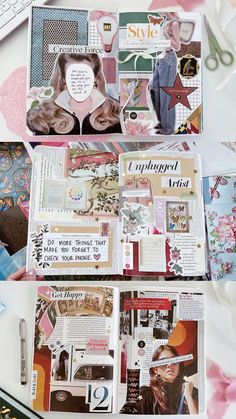 the inside pages of a scrapbook are spread out on a table with scissors and other crafting supplies