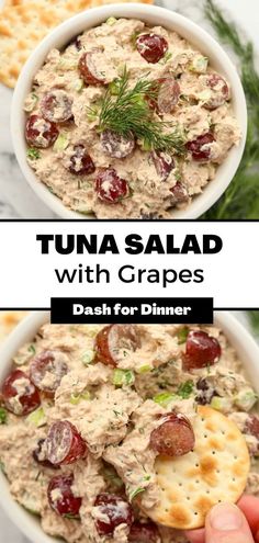 tuna salad with grapes and crackers in a bowl