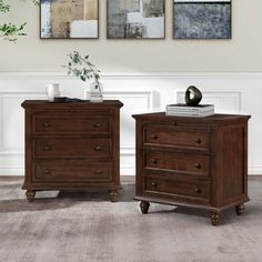 two wooden dressers sitting next to each other on top of a carpeted floor