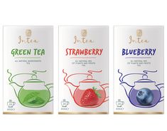 three tea bags with different flavors and designs on the front one has a blueberry, strawberry, and green tea in it