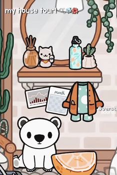 a cartoon bear sitting in front of a mirror next to a potted plant and other items