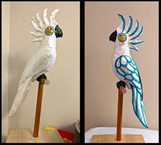 two pictures of a white and blue bird sitting on top of a wooden stand next to each other