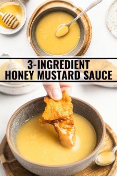 a person dipping some food into a bowl with honey mustard sauce in it and the words, 3 ingredient honey mustard sauce